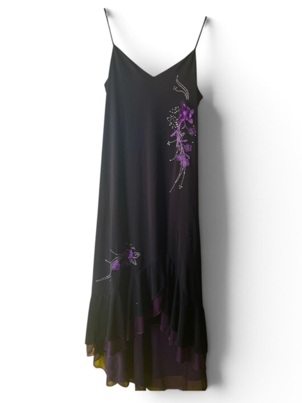 BE COOL Black Slip Dress with Purple Floral  Designs size M-L